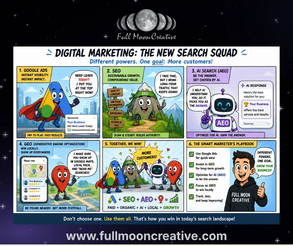 The Full Moon Creative digital marketing team planning an SEO and content strategy for a South Florida business in Broward, Miami-Dade, and Palm Beach